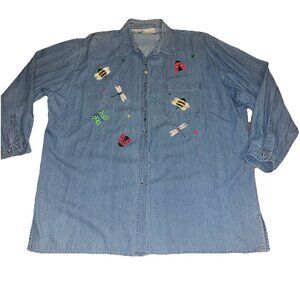 MILI DESIGNS DENIM BUTTON DOWN SHIRT TOP SIZE 1X STITCHED Bees Bugs,,